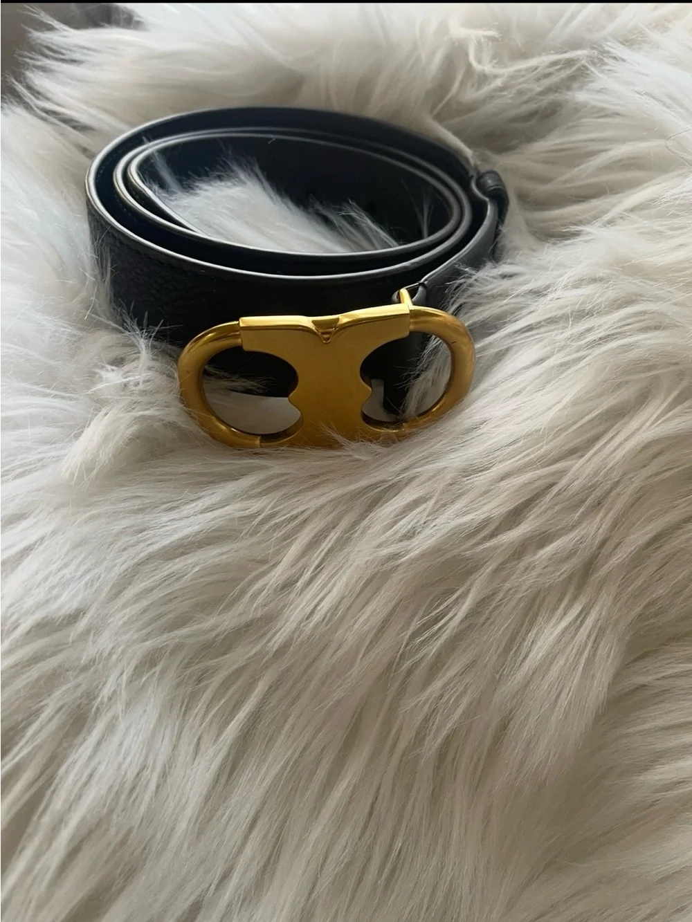 Tory Burch Black Leather Belt with Gold Logo Buckle